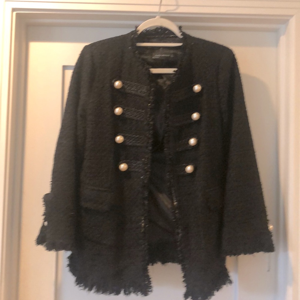 Collarless Boucle Fringe Trim Jacket